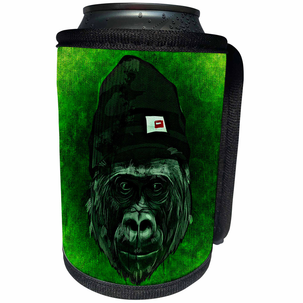 3dRose Sven Herkenrath Animal - Hipster Gorilla with Cap in green Background - Can Cooler Bottle Wrap (cc_240235)
