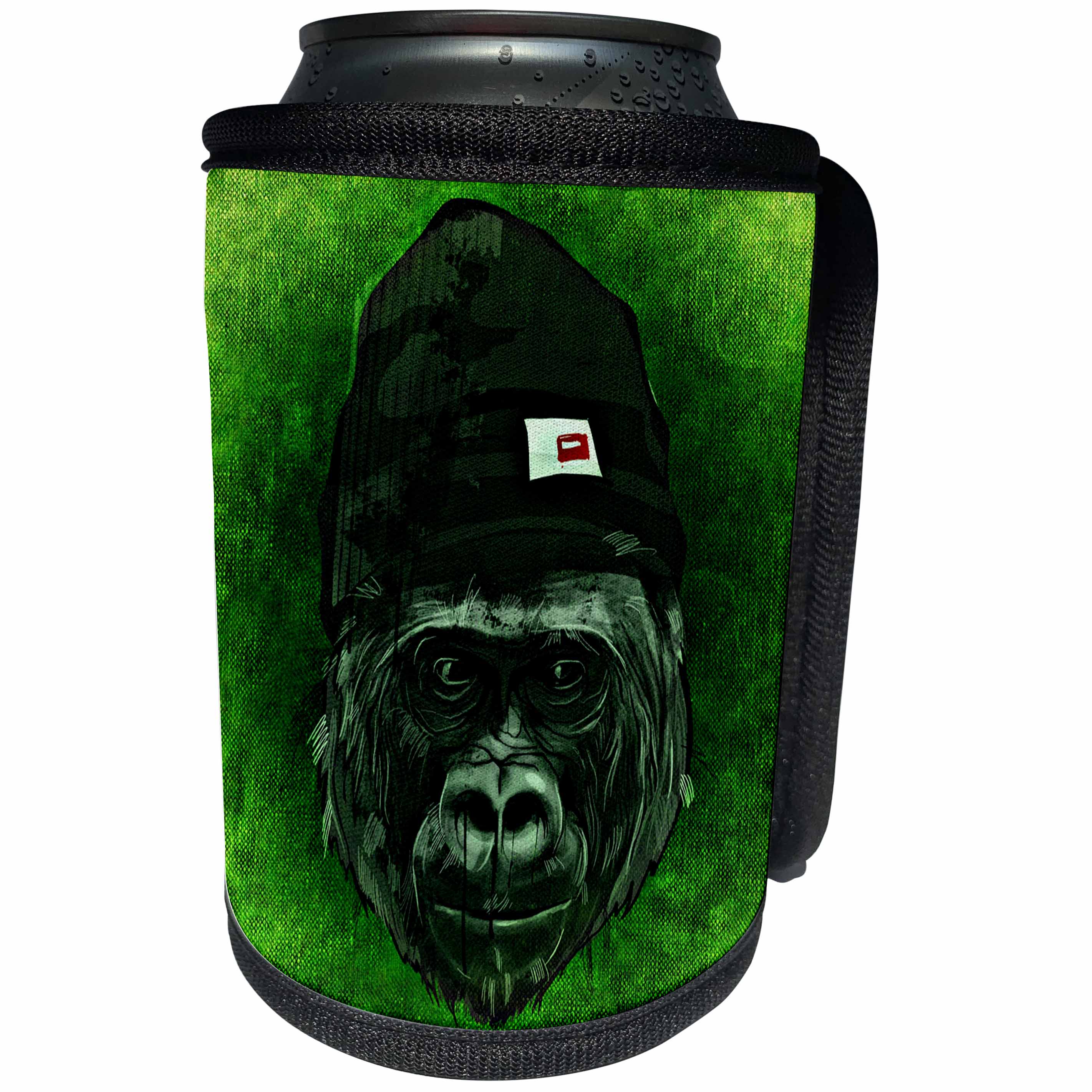 3dRose Sven Herkenrath Animal - Hipster Gorilla with Cap in green Background - Can Cooler Bottle Wrap (cc_240235)