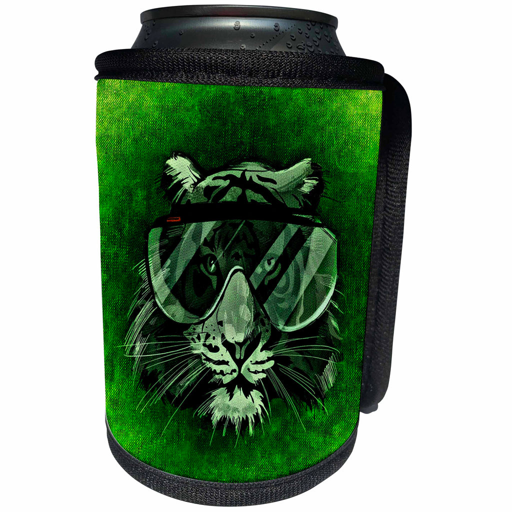 3dRose Sven Herkenrath Animal - Hipster Tiger with Glasses in Green Background - Can Cooler Bottle Wrap (cc_240247)