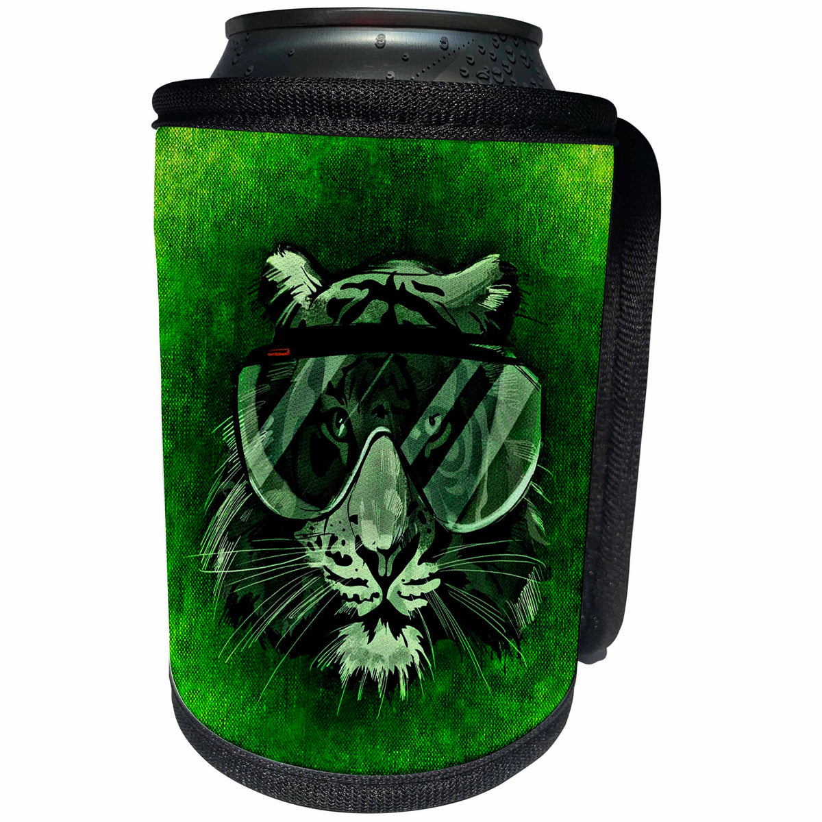 3dRose Sven Herkenrath Animal - Hipster Tiger with Glasses in Green Background - Can Cooler Bottle Wrap (cc_240247)