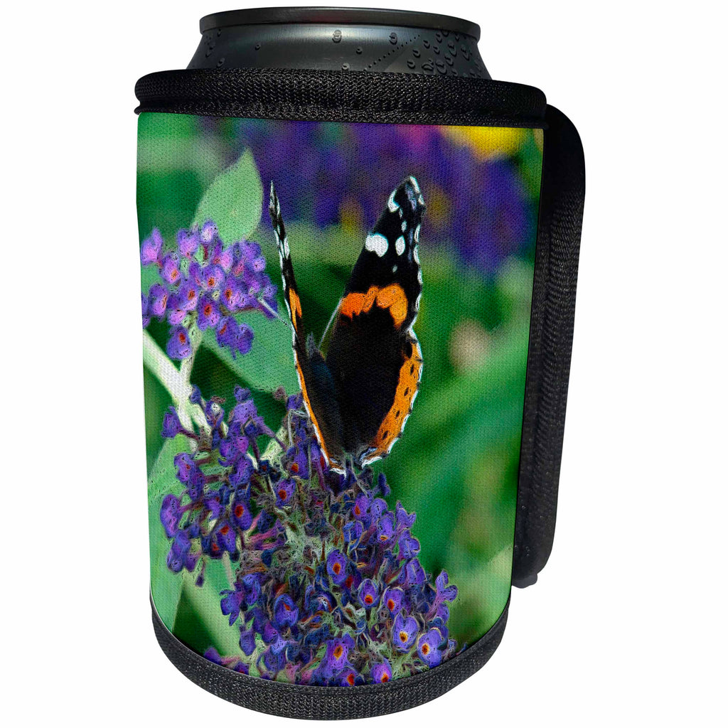 3dRose Cassie Peters Butterflies - Pretty Butterfly and Purple Butterfly bush Flowers - Can Cooler Bottle Wrap (cc_240305)
