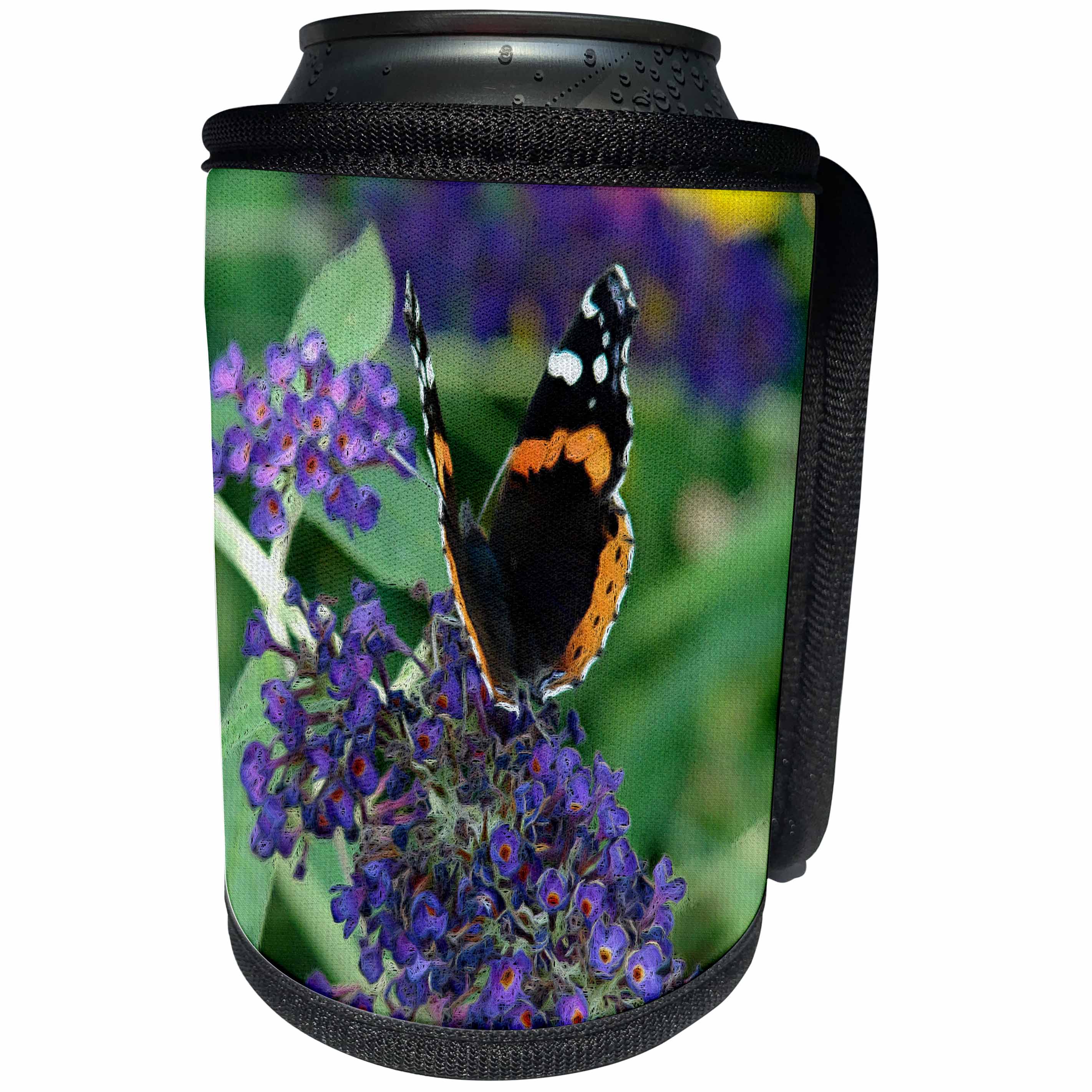 3dRose Cassie Peters Butterflies - Pretty Butterfly and Purple Butterfly bush Flowers - Can Cooler Bottle Wrap (cc_240305)