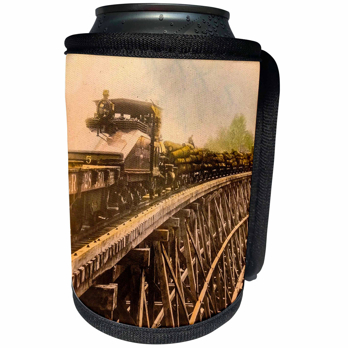 3dRose Scenes from the Past Magic Lantern Slide - Magic Lantern Vintage Steam Locomotive Logging Train Wooden Bridge - Can Cooler Bottle Wrap (cc_240528)