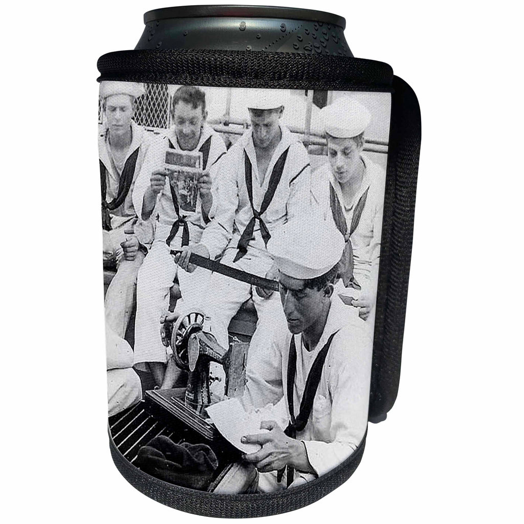 3dRose Scenes from the Past Stereoview - STEREOVIEW SAILORS ANTIQUE SEWING MACHINE ON NAVY BATTLESHIP SHIP - Can Cooler Bottle Wrap (cc_240531)