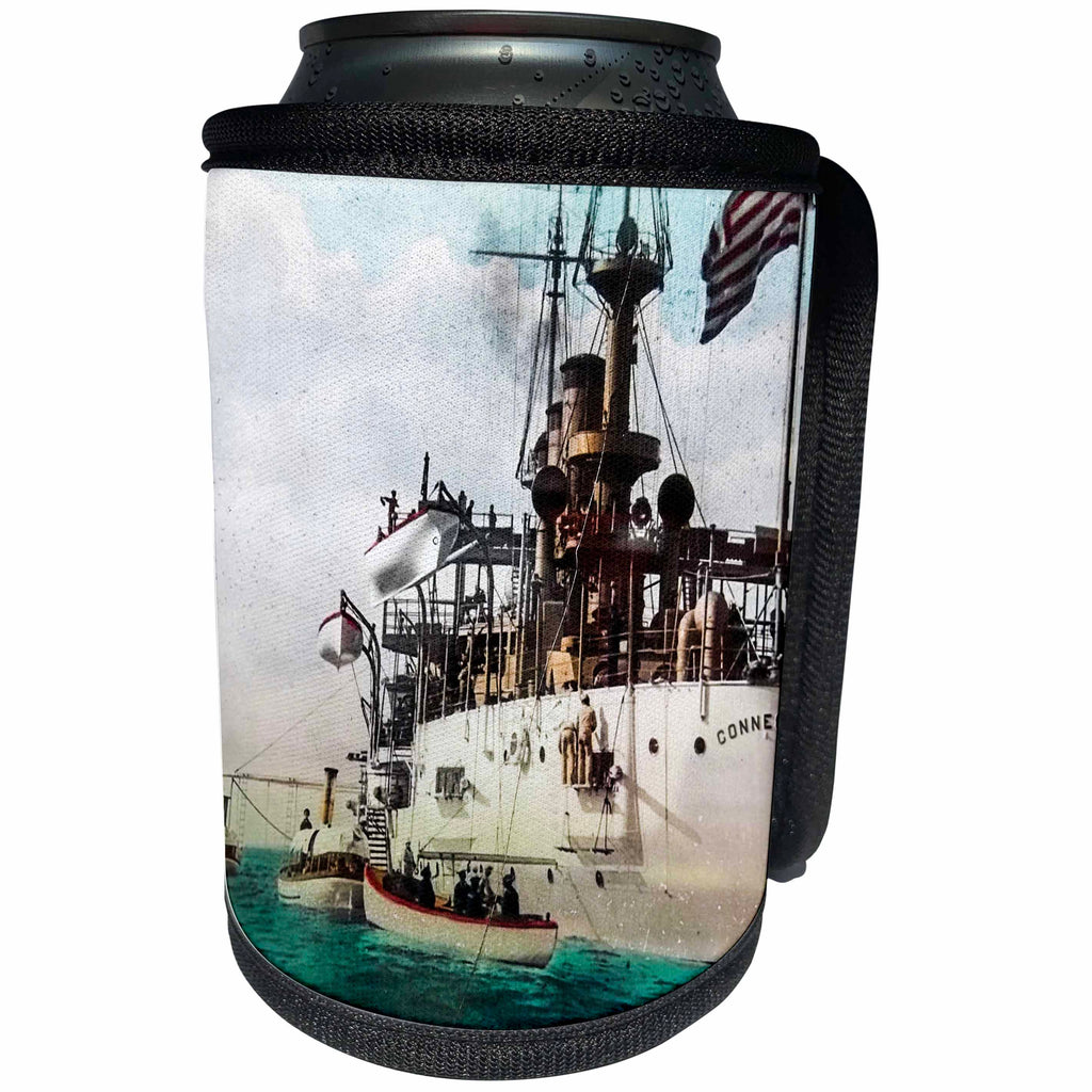 3dRose Scenes from the Past Magic Lantern Slide - USS CONNECTICUT magic lantern sets sail from New York Vintage - Can Cooler Bottle Wrap (cc_240535)