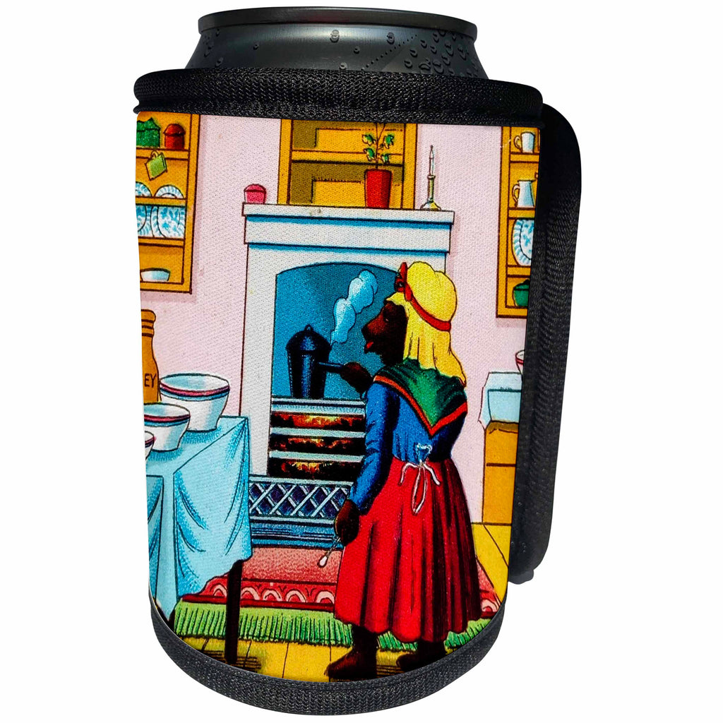 3dRose Scenes from the Past Magic Lantern Slide - Goldilocks and the Three Bears Mama Bear Prepares Porridge Vintage - Can Cooler Bottle Wrap (cc_240537)