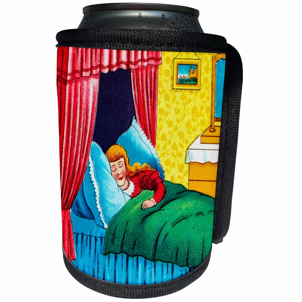 3dRose Scenes from the Past Magic Lantern Slide - Goldilocks and the Three Bears What a comfortable bed - Can Cooler Bottle Wrap (cc_240543)