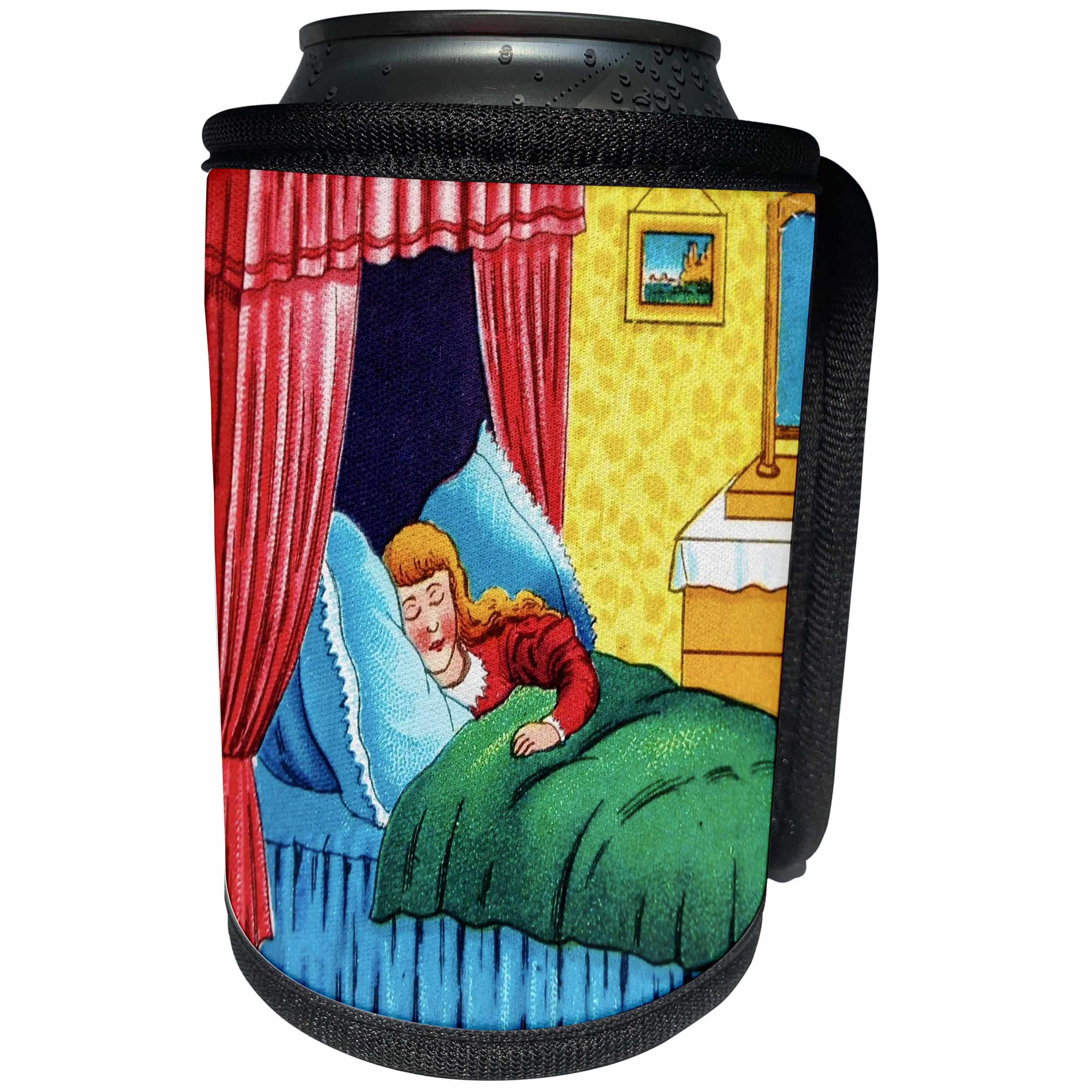 3dRose Scenes from the Past Magic Lantern Slide - Goldilocks and the Three Bears What a comfortable bed - Can Cooler Bottle Wrap (cc_240543)