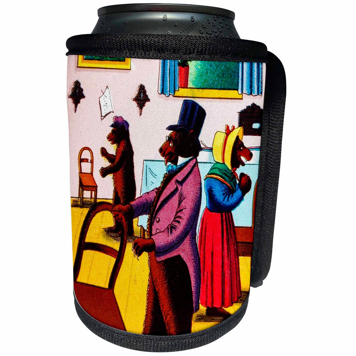 3dRose Scenes from the Past Magic Lantern Slide - Goldilocks and the Three Bears Someones been sitting in my chair - Can Cooler Bottle Wrap (cc_240544)