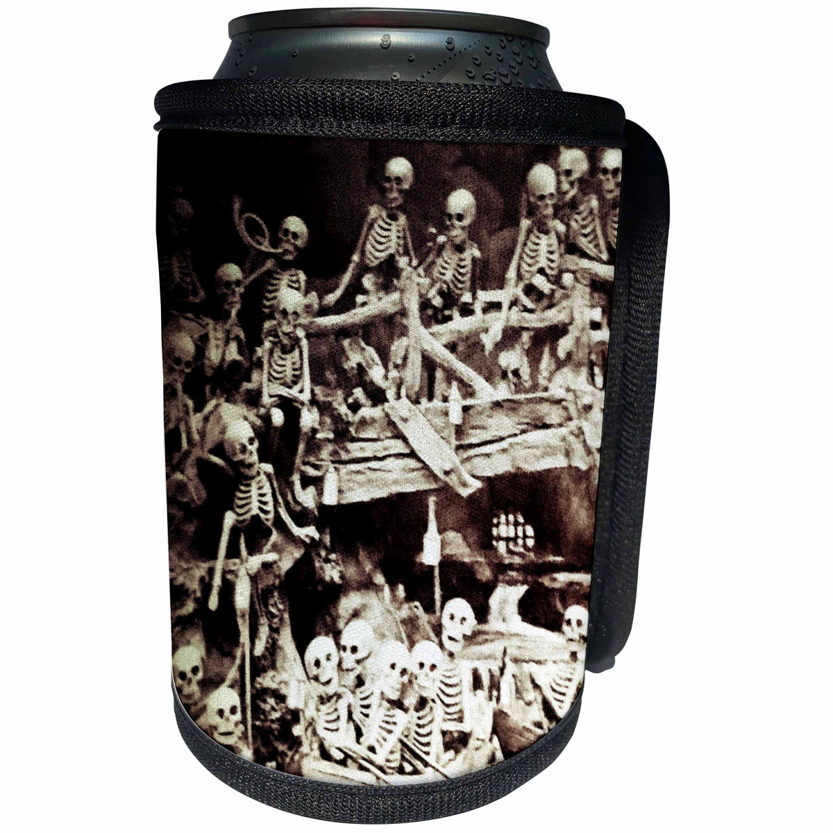 3dRose Scenes from the Past Magic Lantern Slide - Skeleton Party in Satanville Stereoview Vintage 1800s Ghouls in Hell - Can Cooler Bottle Wrap (cc_240556)