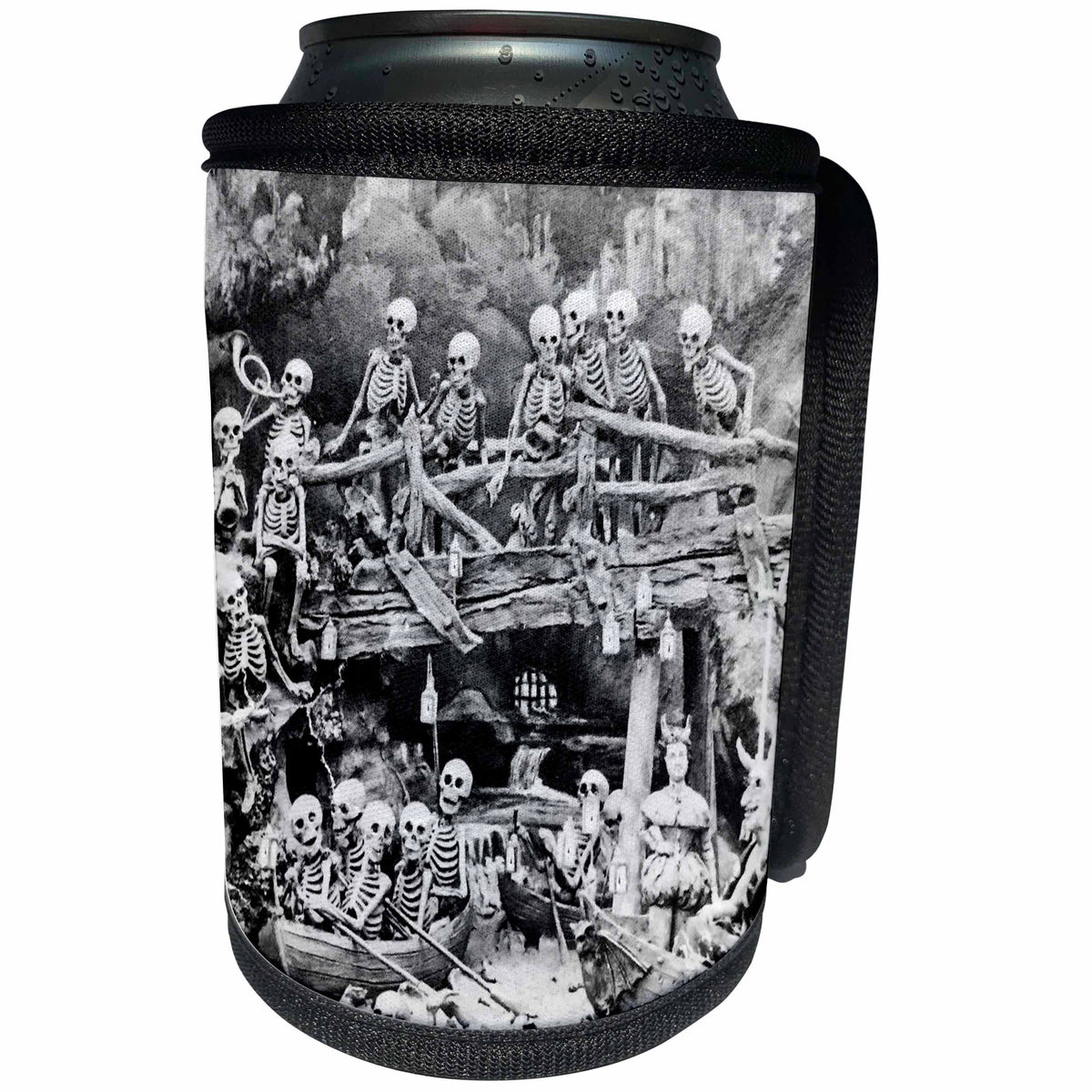 3dRose Scenes from the Past Magic Lantern Slide - Skeletal party welcome to hell vintage stereoview Devil Ghouls Hell - Can Cooler Bottle Wrap (cc_240557)