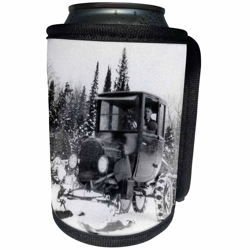 3dRose Scenes from the Past Magic Ephemera - Model T Ski Car Automobile On Skis Snow Shovel Snow Tires Vintage - Can Cooler Bottle Wrap (cc_240576)