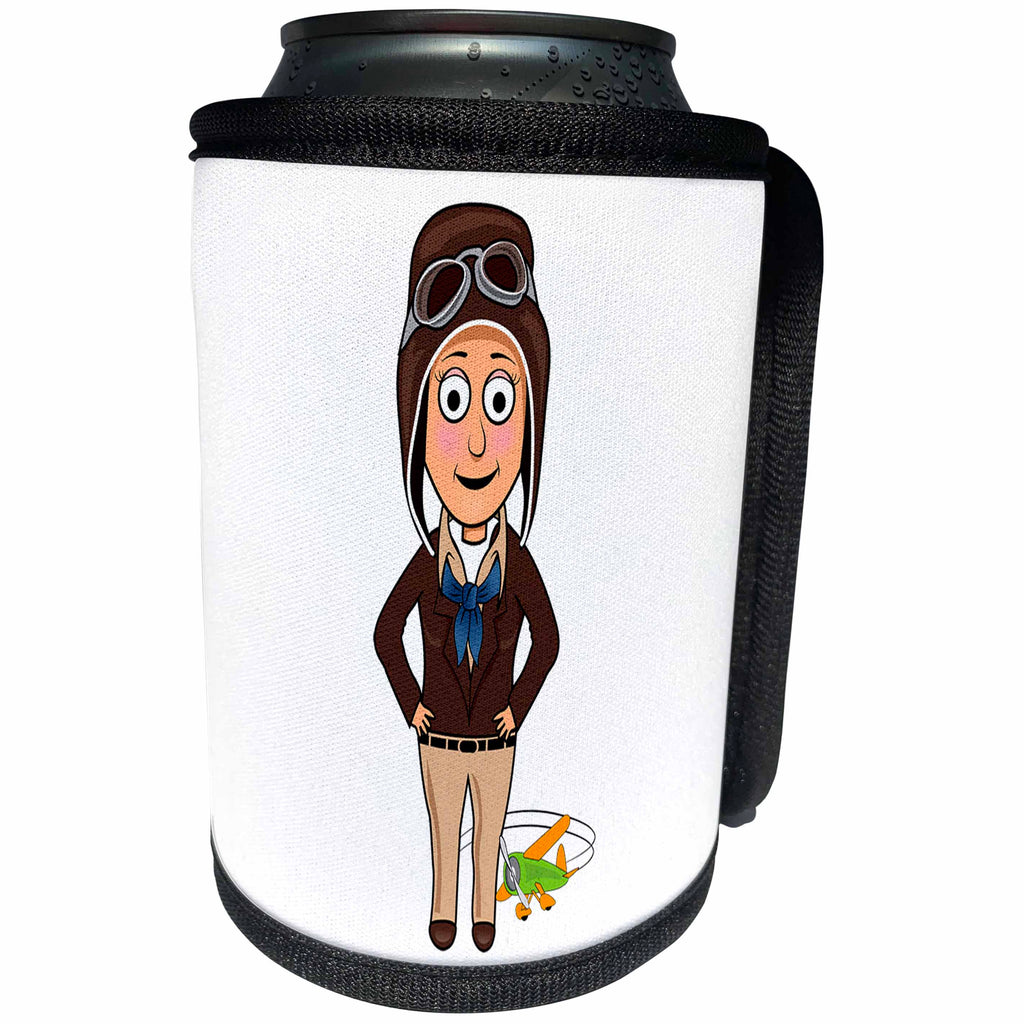 3dRose Scenes from the Past Fun with Historical Figures - Amelia Earhart with Her Plane Aviation History Famous Pilot - Can Cooler Bottle Wrap (cc_240584)