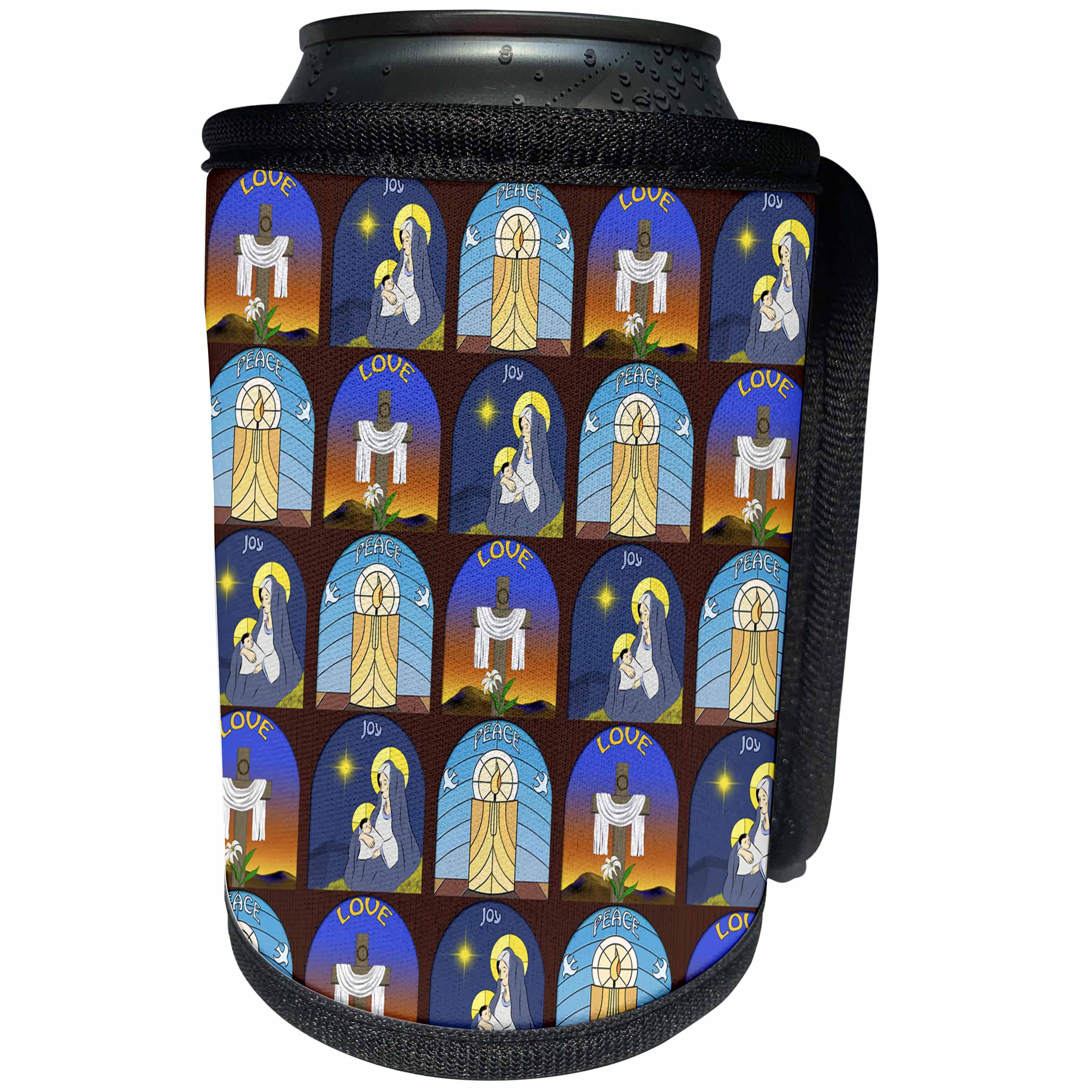 3dRose 777images Designs Christian - Colorful pattern of Christian symbols for love, joy and peace - Can Cooler Bottle Wrap (cc_240592)