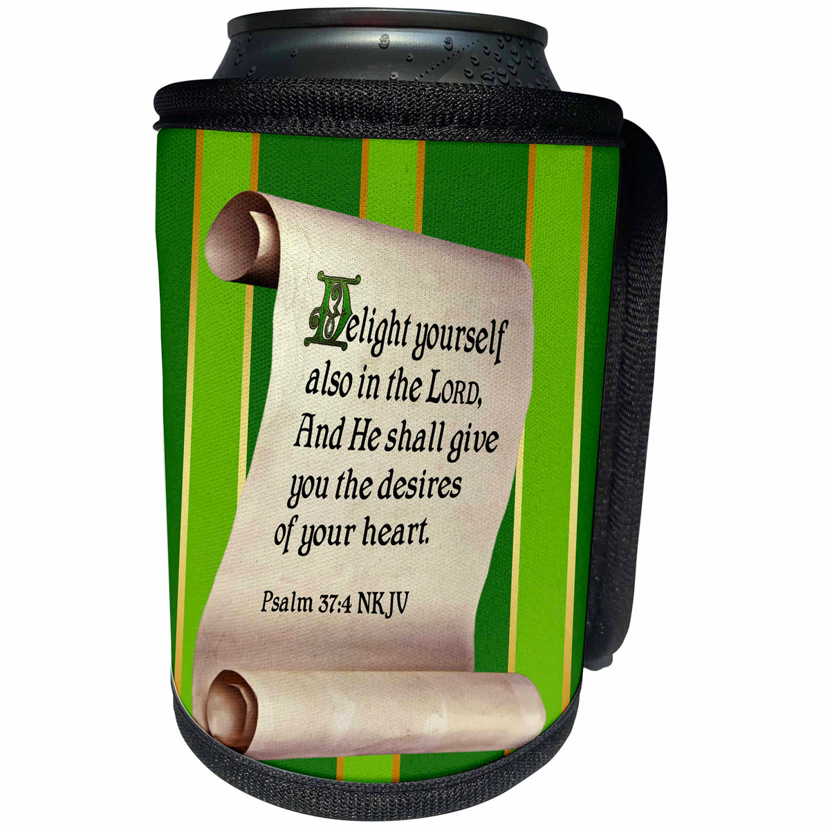 3dRose 777images - Bible Promises - Psalm 37 verse 4 on a scroll with illuminated and medieval text - Can Cooler Bottle Wrap (cc_240593)
