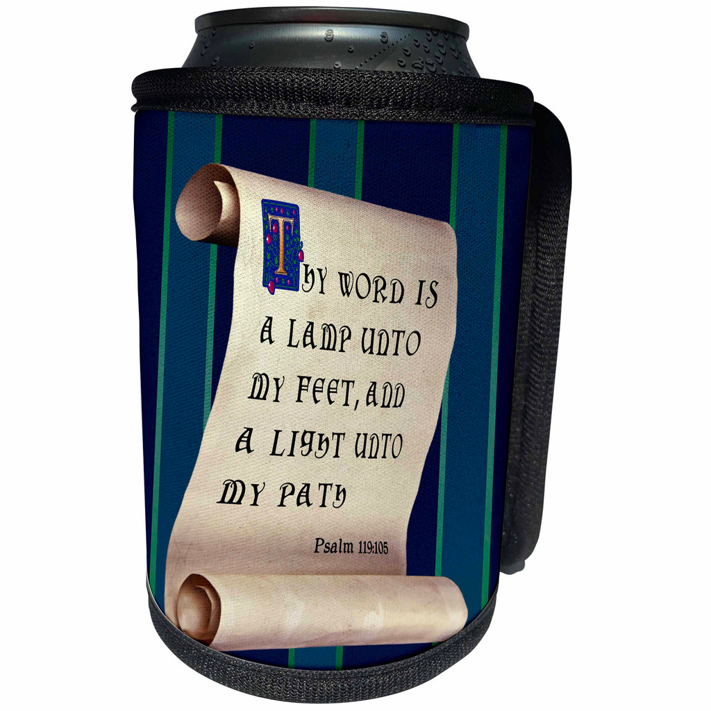 3dRose 777images - Bible Promises - Psalm 119 verse 105 on a scroll with illuminated and medieval text - Can Cooler Bottle Wrap (cc_240594)