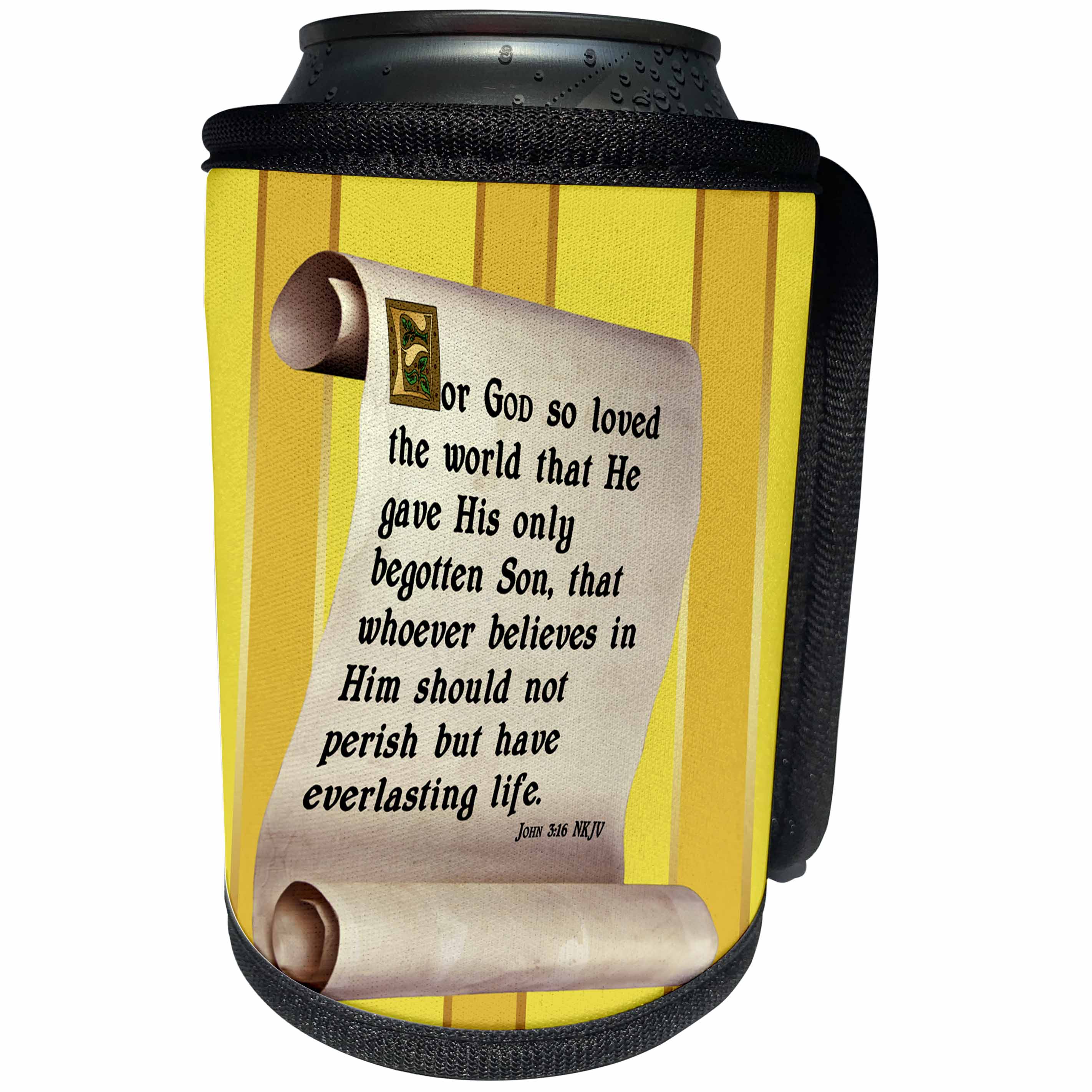 3dRose 777images - Bible Promises - John 3 verse on a scroll with illuminated and medieval text - Can Cooler Bottle Wrap (cc_240596)