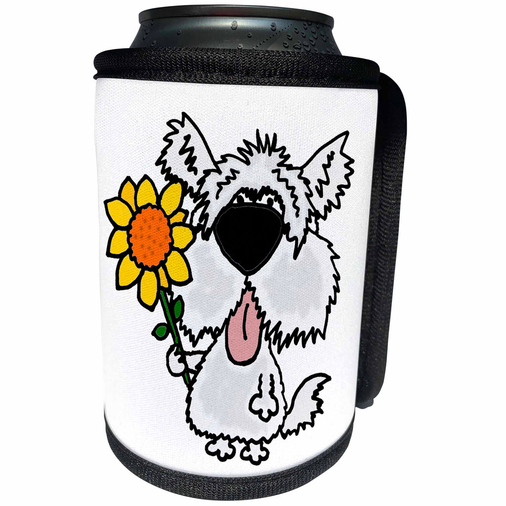 3dRose All Smiles Art Food and Drinks - Funny White Shaggy Dog Holding Sunflower - Can Cooler Bottle Wrap (cc_240603)