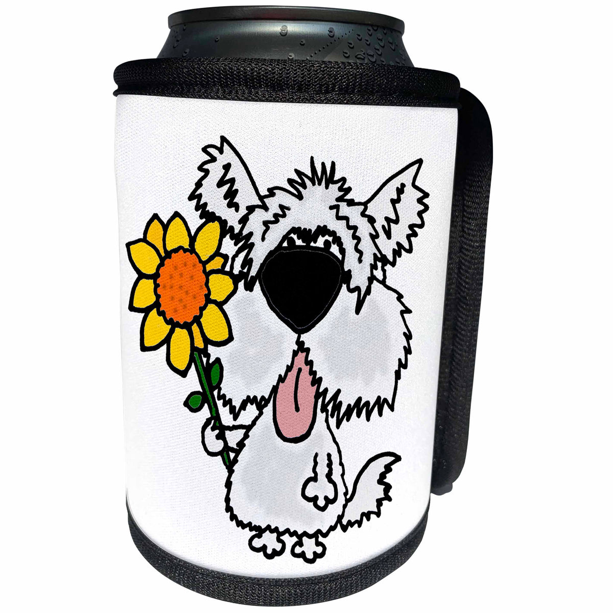 3dRose All Smiles Art Food and Drinks - Funny White Shaggy Dog Holding Sunflower - Can Cooler Bottle Wrap (cc_240603)
