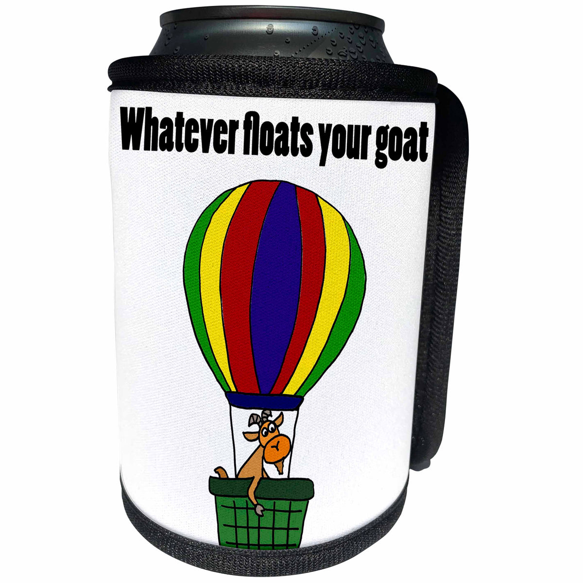 3dRose All Smiles Art Funny - Funny Goat in Hot Air Balloon Says Whatever Floats your Goat - Can Cooler Bottle Wrap (cc_240612)