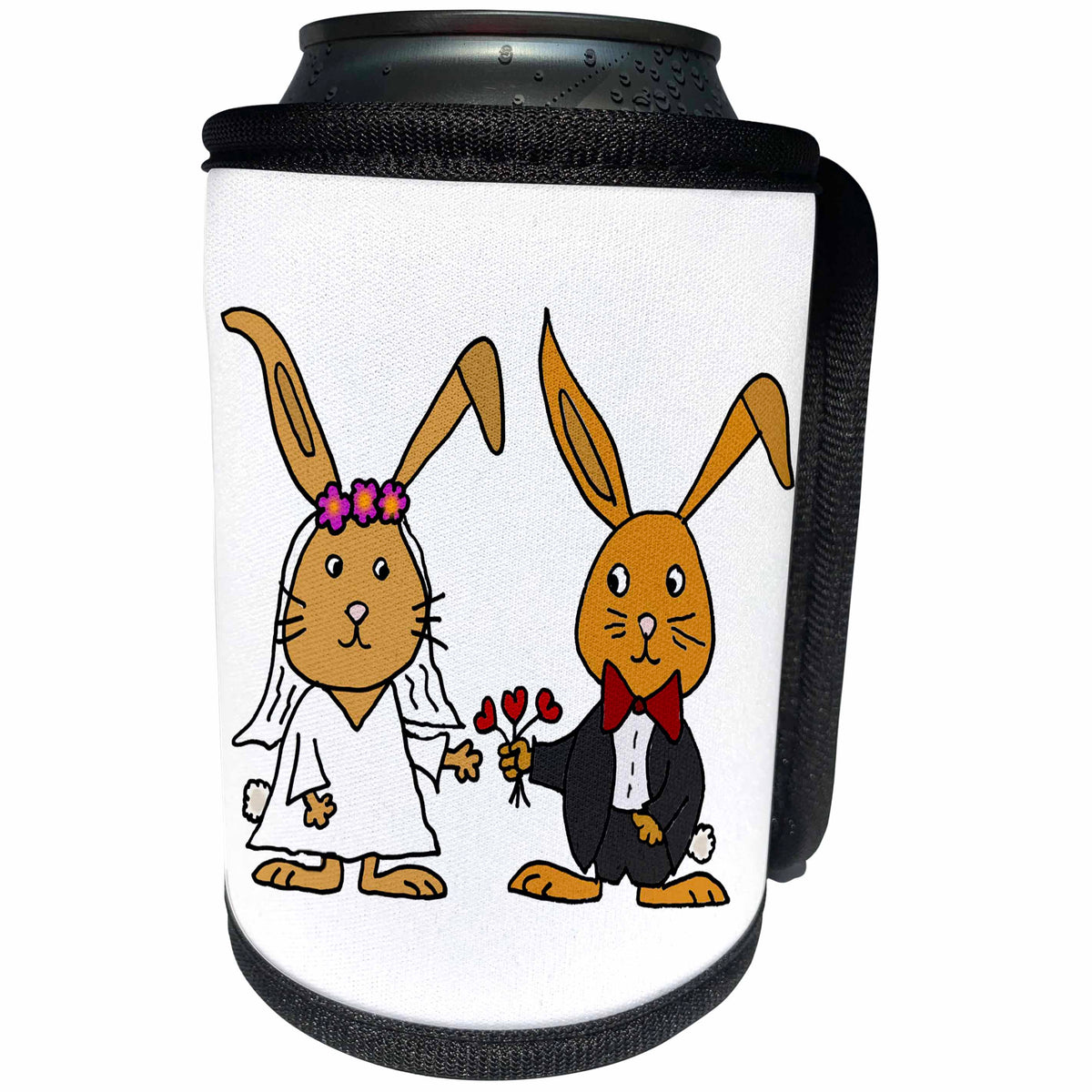 3dRose All Smiles Art Love - Funny Bunny Rabbit Bride and Groom Wedding Cartoon - Can Cooler Bottle Wrap (cc_240614)