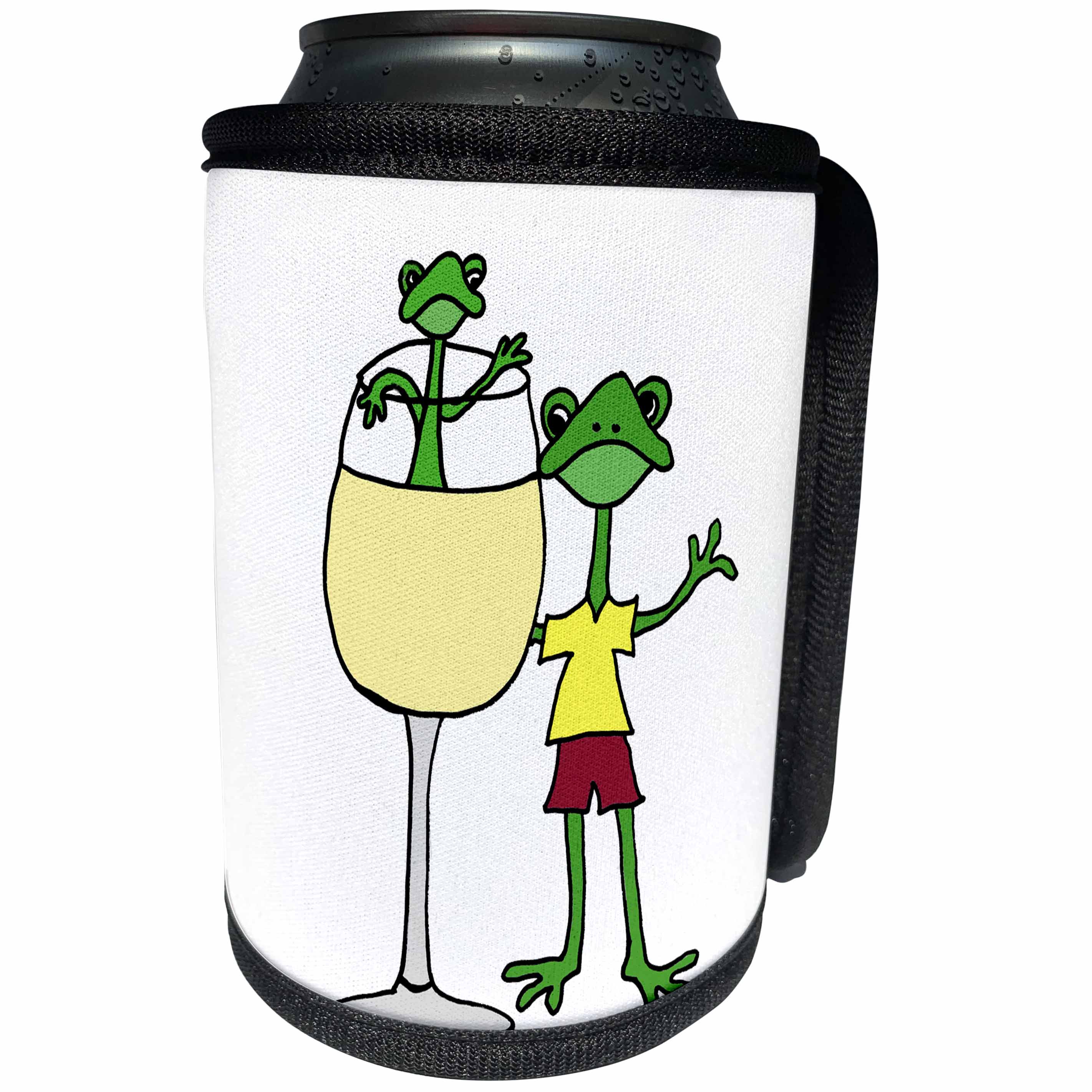 3dRose All Smiles Art Food and Drinks - Funny Frogs with White Wine Glass - Can Cooler Bottle Wrap (cc_240616)
