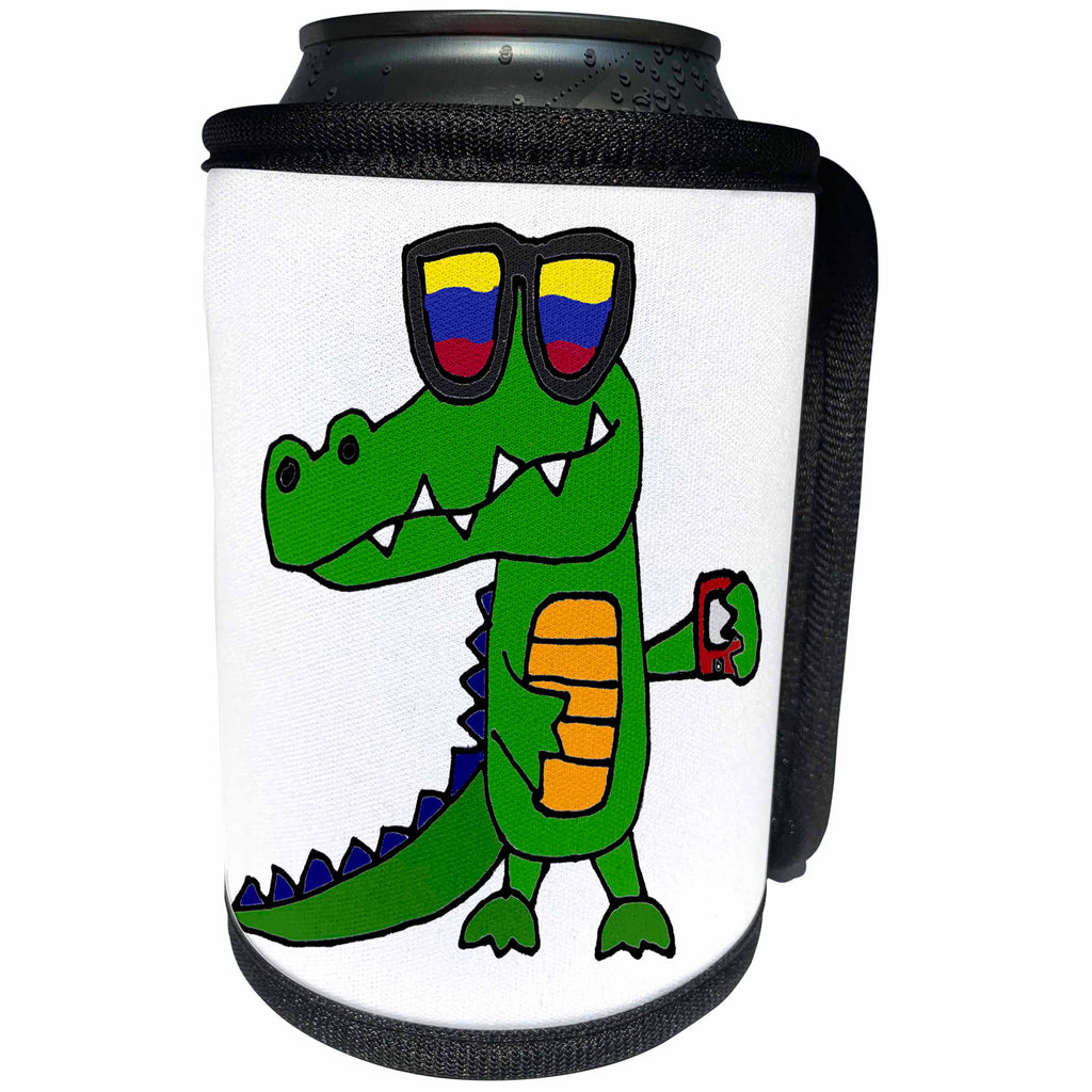 3dRose All Smiles Art Funny - Funny Cool Alligator in Sunglasses with Cell Phone - Can Cooler Bottle Wrap (cc_240618)