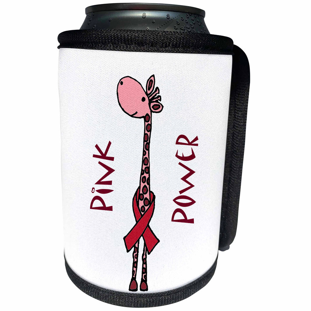 3dRose All Smiles Art Inspirational - Funny Pink Giraffe Pink Power Support for Breast Cancer - Can Cooler Bottle Wrap (cc_240621)