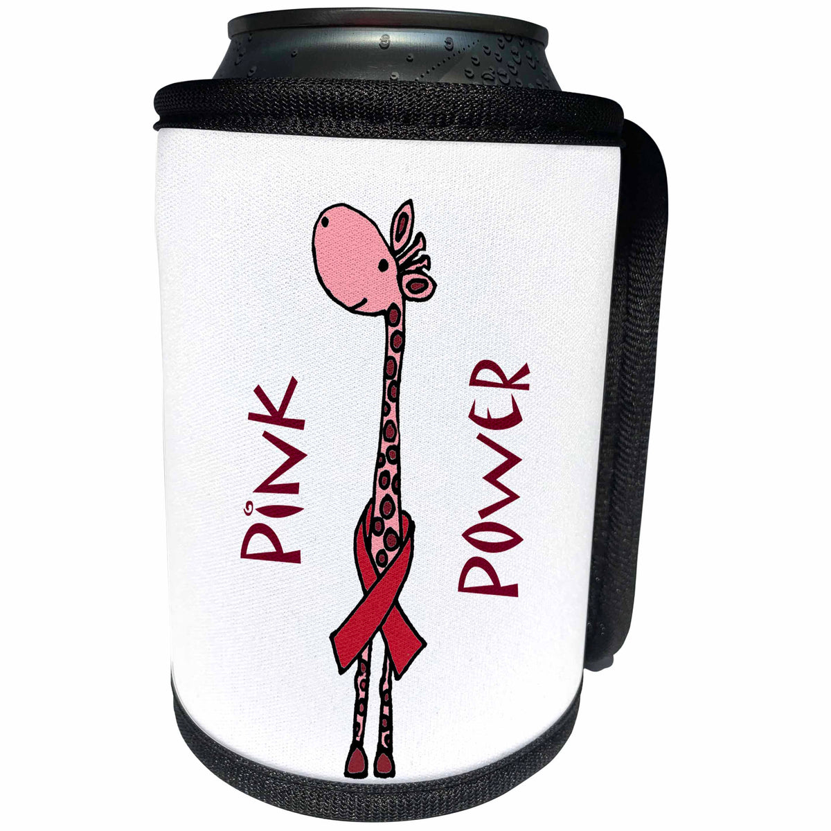 3dRose All Smiles Art Inspirational - Funny Pink Giraffe Pink Power Support for Breast Cancer - Can Cooler Bottle Wrap (cc_240621)