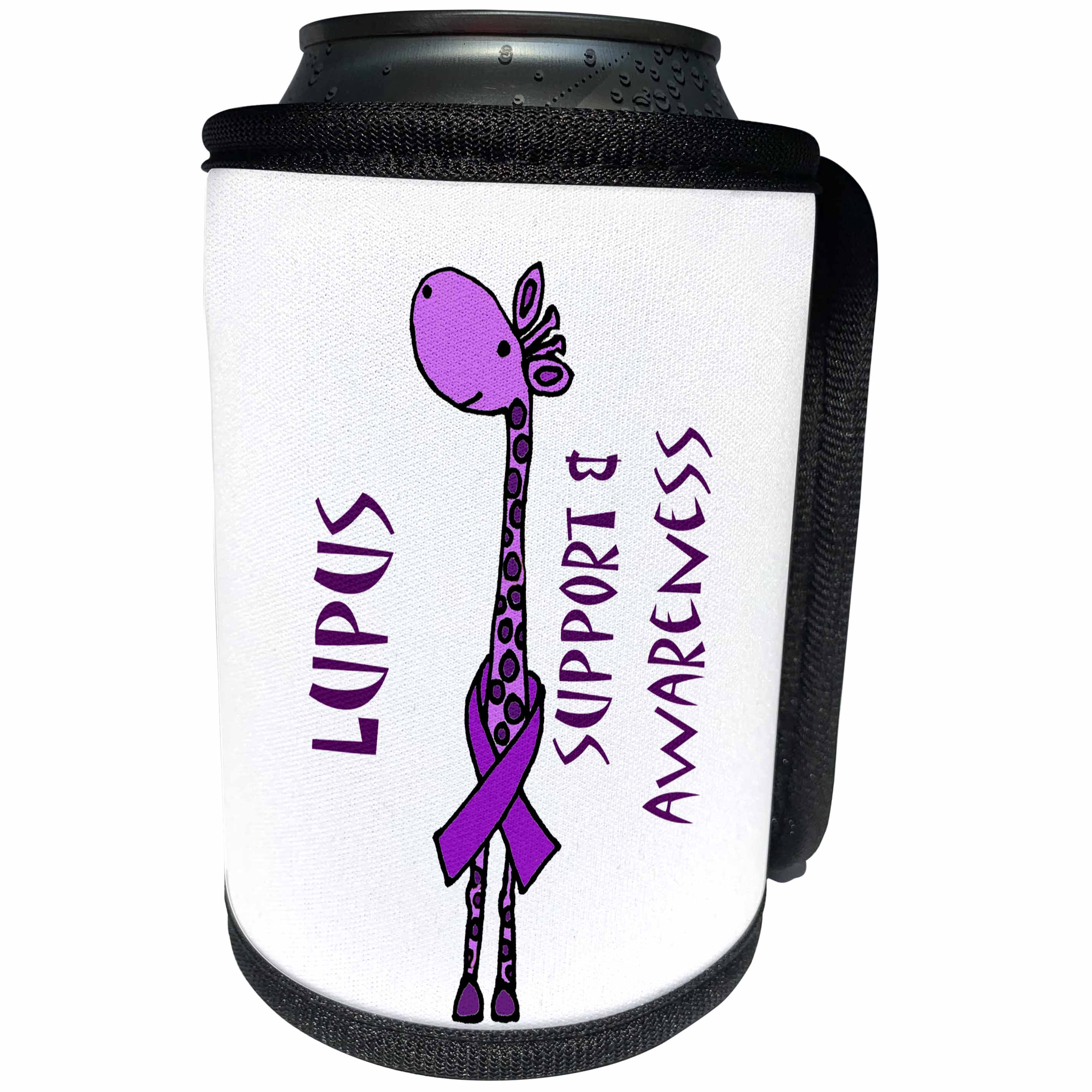 3dRose All Smiles Art Inspirational - Funny Purple Giraffe Support for Lupus Awareness - Can Cooler Bottle Wrap (cc_240622)