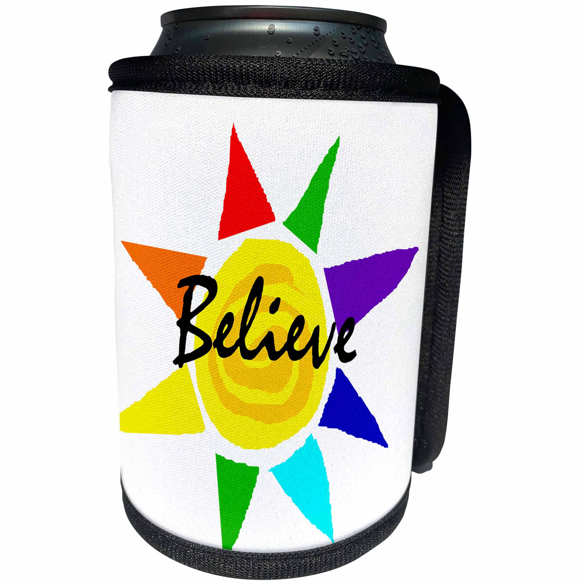 3dRose All Smiles Art Inspirational - Fun Colorful Sun Inspirational Art says Believe - Can Cooler Bottle Wrap (cc_240623)