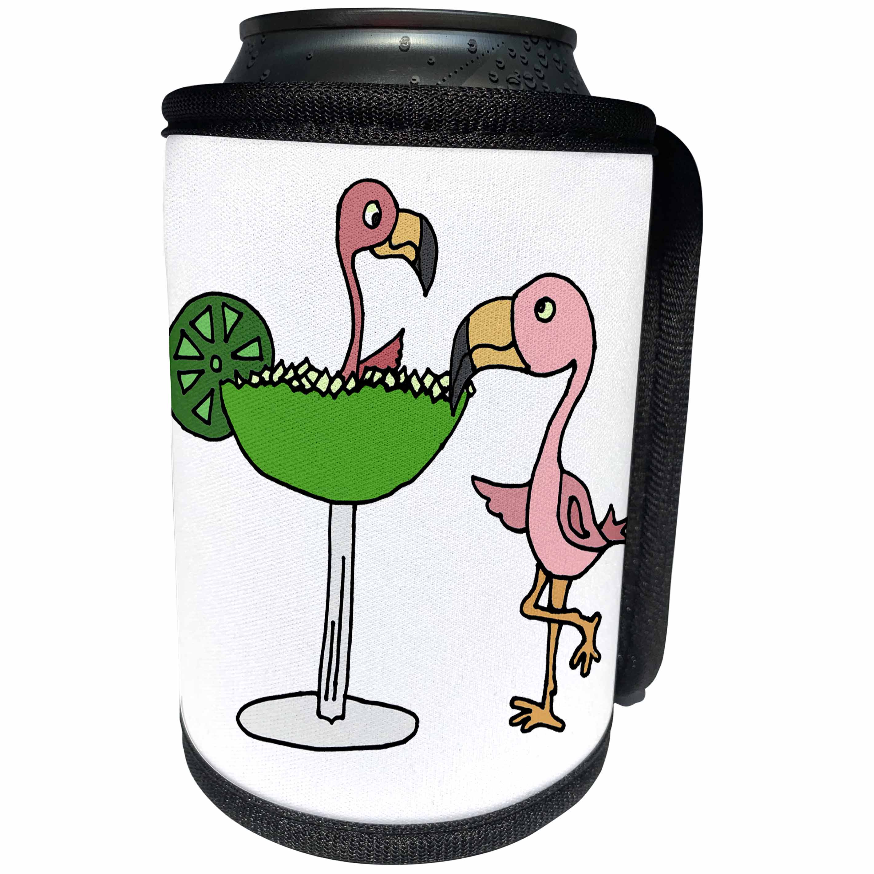 3dRose All Smiles Art at the Beach - Funny Pink Flamingo Bird with Lime Margarita - Can Cooler Bottle Wrap (cc_240626)