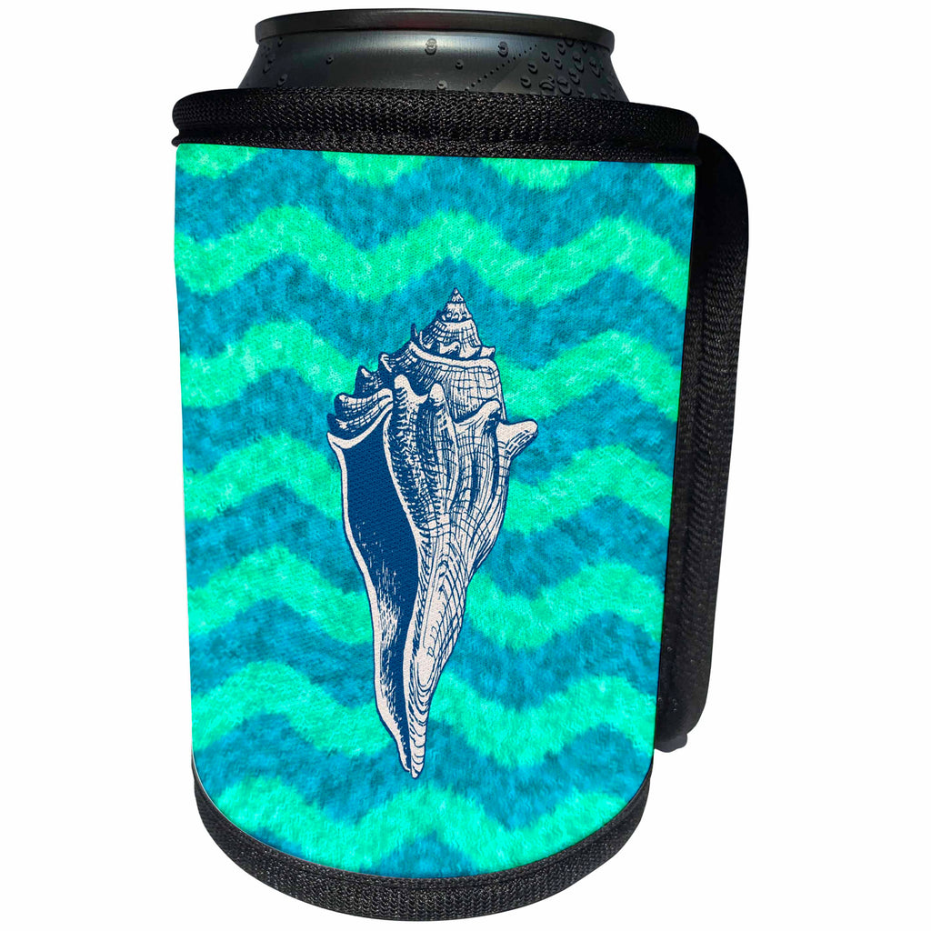 3dRose Russ Billington Nautical Designs - Wavy Blue Lines and Sea Shell Design - Can Cooler Bottle Wrap (cc_241001)