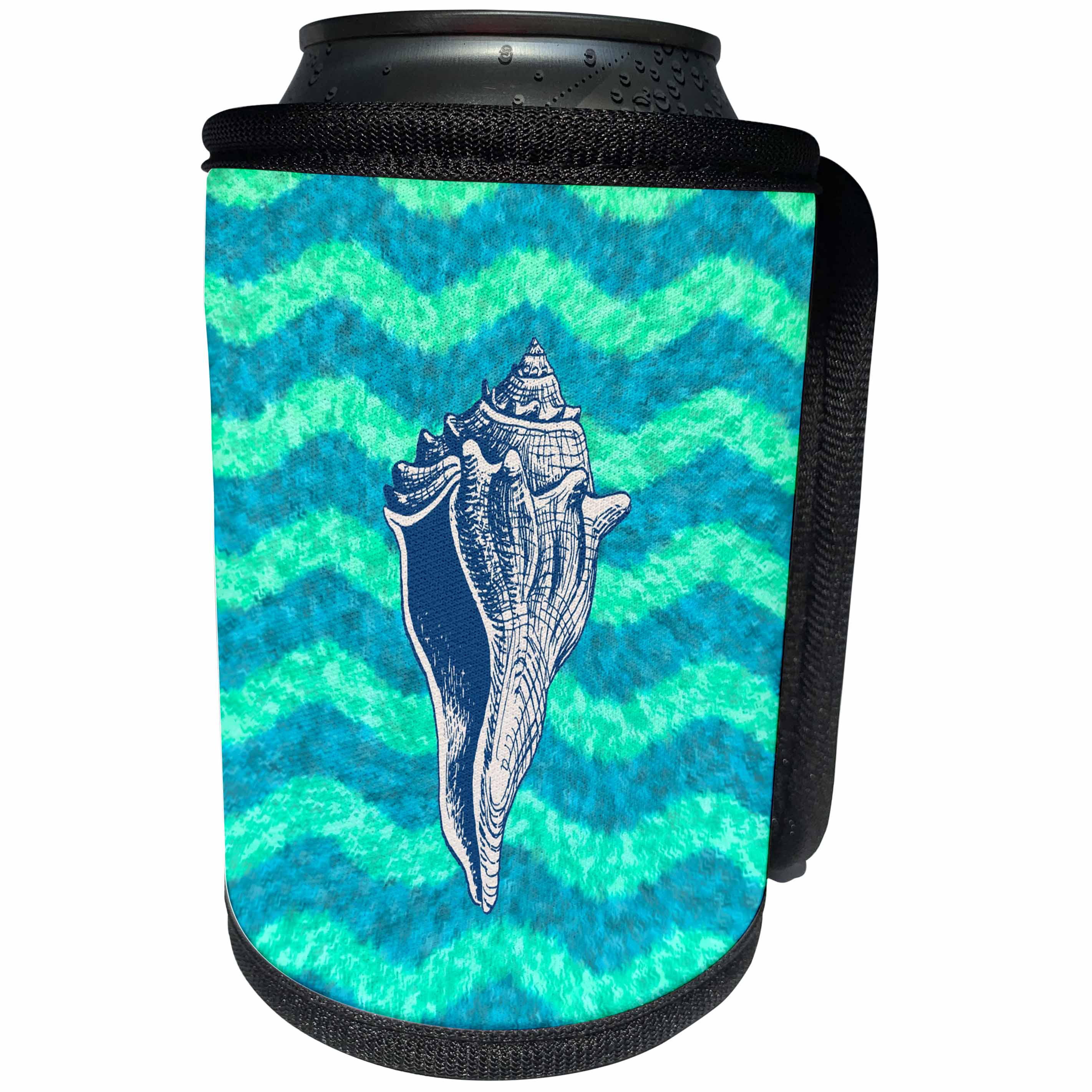 3dRose Russ Billington Nautical Designs - Wavy Blue Lines and Sea Shell Design - Can Cooler Bottle Wrap (cc_241001)