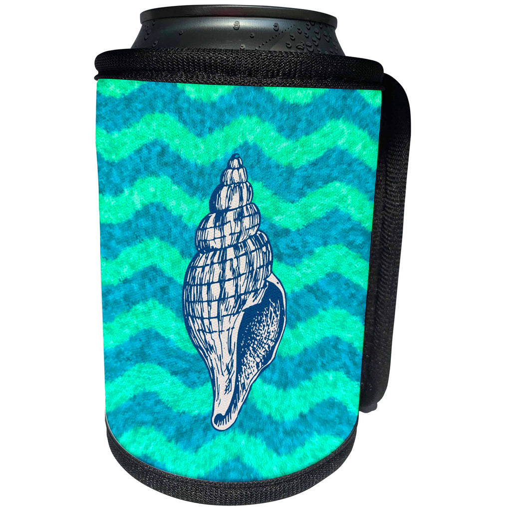 3dRose Russ Billington Nautical Designs - Nautical Theme Shell Illustration on Wavy Blue Green Background - Can Cooler Bottle Wrap (cc_241003)
