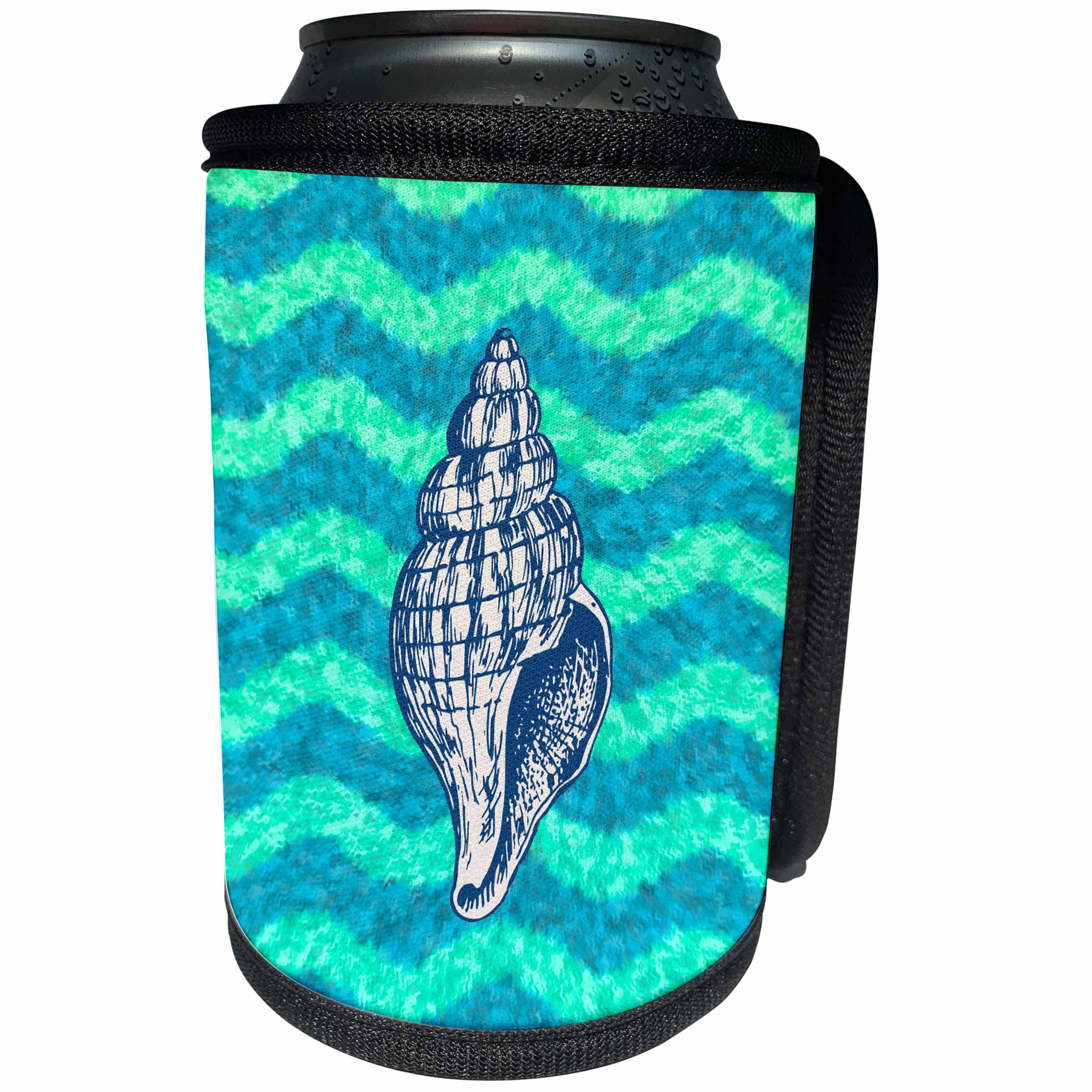 3dRose Russ Billington Nautical Designs - Nautical Theme Shell Illustration on Wavy Blue Green Background - Can Cooler Bottle Wrap (cc_241003)
