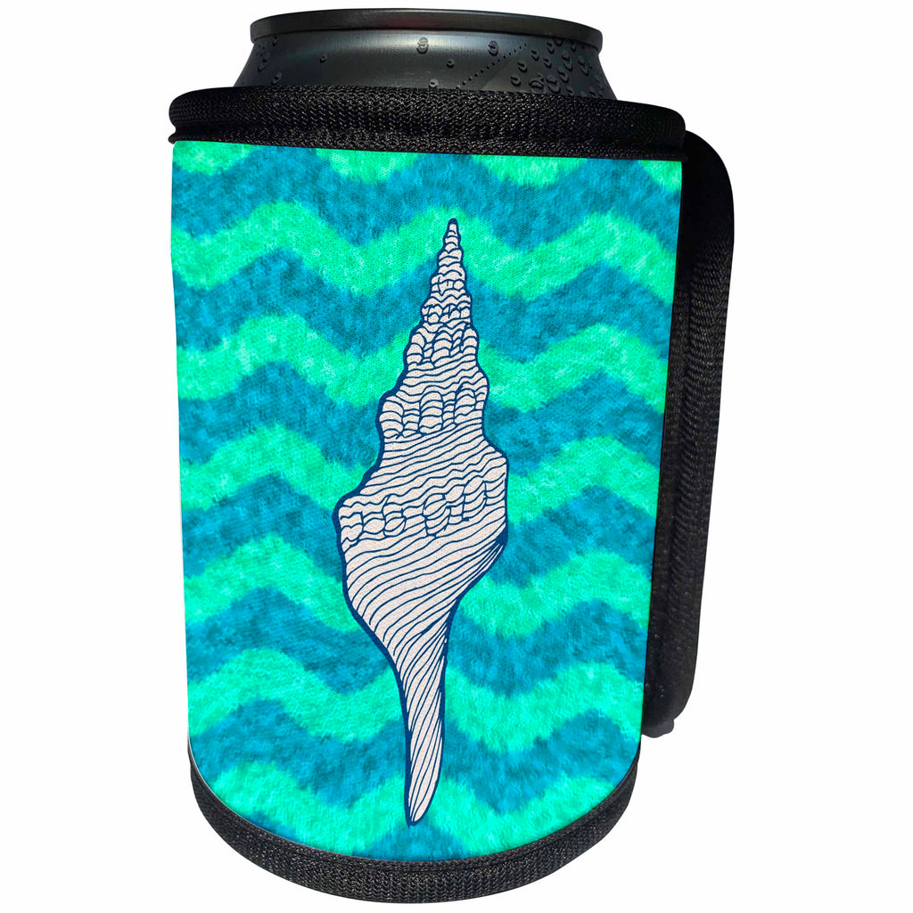 3dRose Russ Billington Nautical Designs - Shell Drawing over a Wavy Green Blue Background - Can Cooler Bottle Wrap (cc_241007)