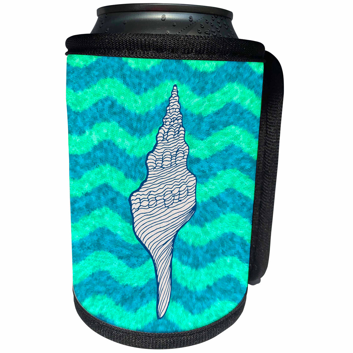 3dRose Russ Billington Nautical Designs - Shell Drawing over a Wavy Green Blue Background - Can Cooler Bottle Wrap (cc_241007)