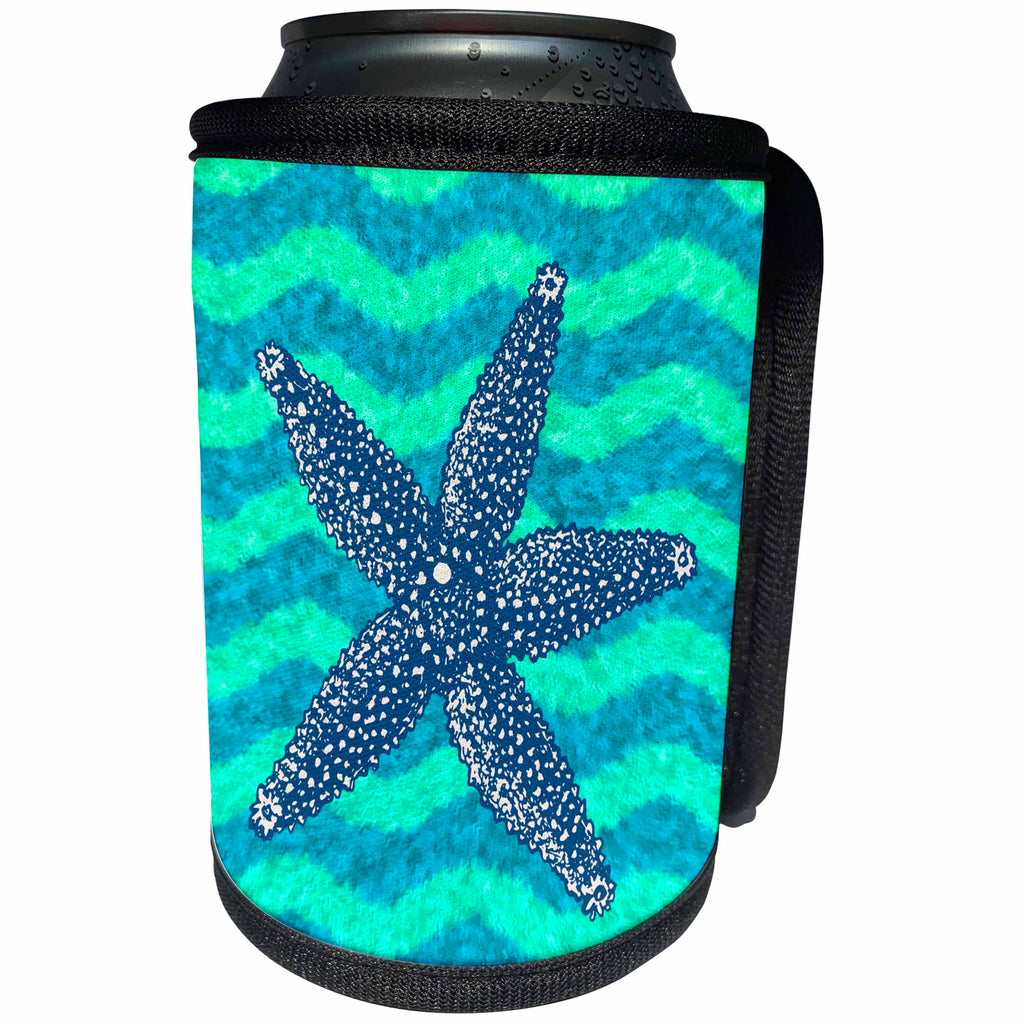 3dRose Russ Billington Nautical Designs - Starfish Illustration on Wavy Blue Green Background - Can Cooler Bottle Wrap (cc_241010)