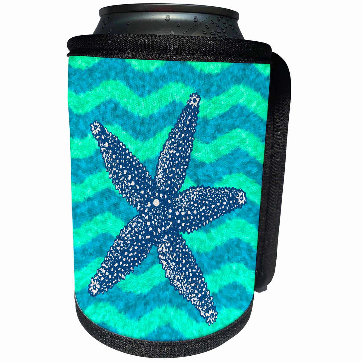 3dRose Russ Billington Nautical Designs - Starfish Illustration on Wavy Blue Green Background - Can Cooler Bottle Wrap (cc_241010)