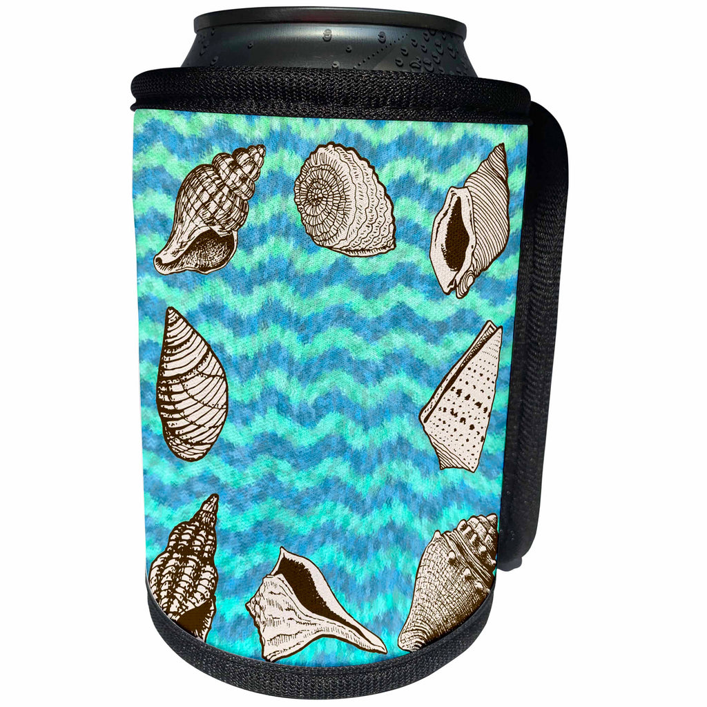 3dRose Russ Billington Nautical Designs - Eight Sea Shells on a Wavy Blue Green Background - Can Cooler Bottle Wrap (cc_241023)