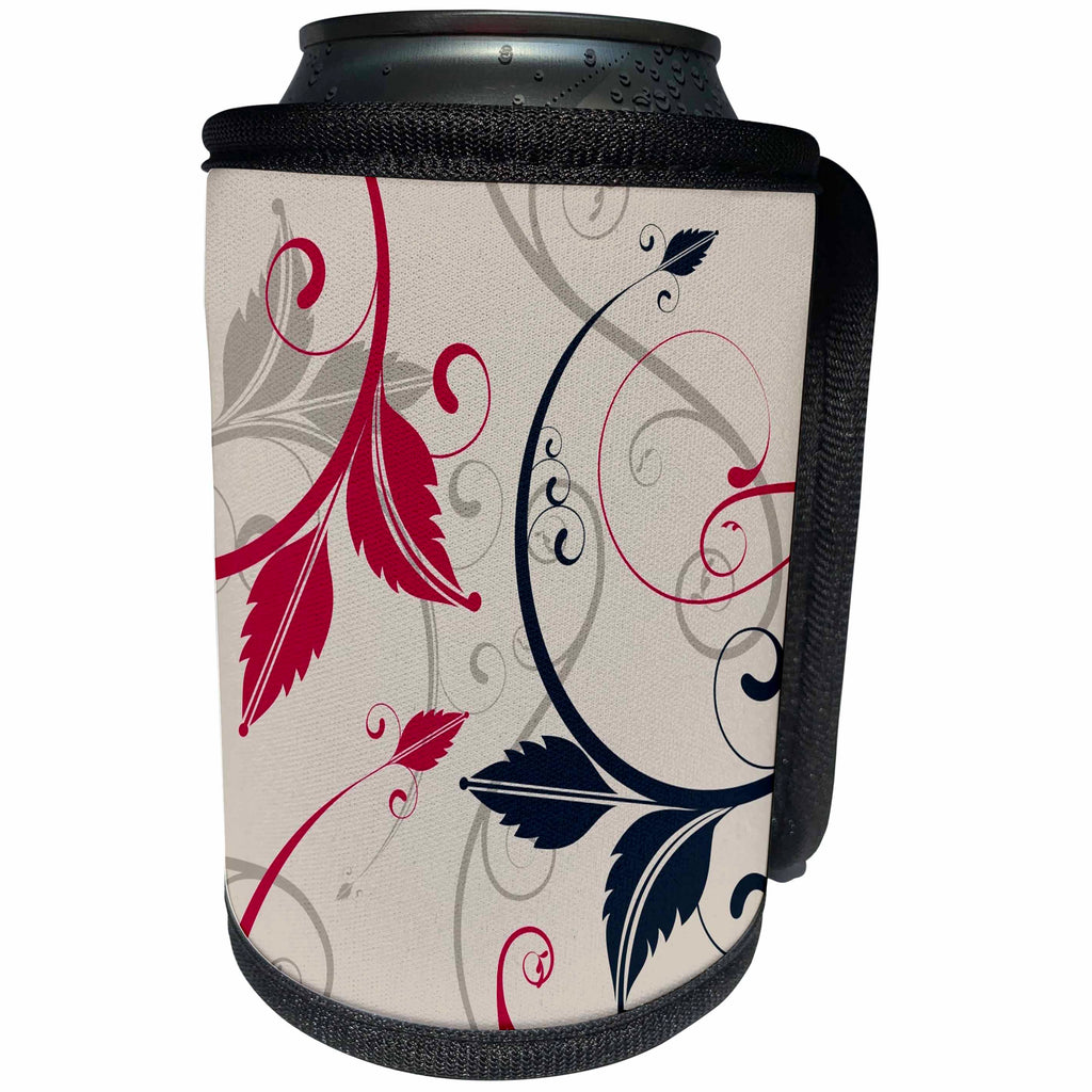 3dRose Russ Billington Designs - Gray Red and Black Leafy Scrolling Design - Can Cooler Bottle Wrap (cc_241026)