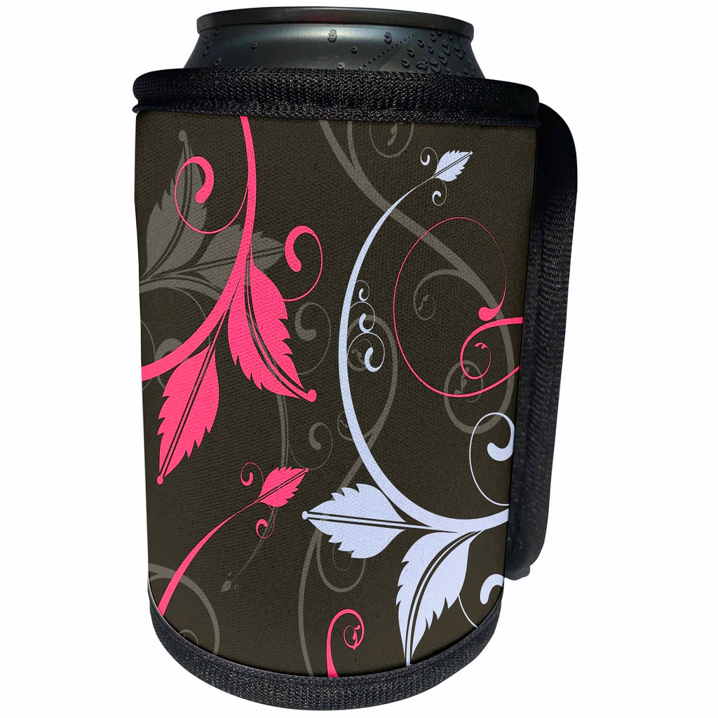 3dRose Russ Billington Designs - Elegant Leafy Scrolls in Pink and Warm Gray - Can Cooler Bottle Wrap (cc_241028)