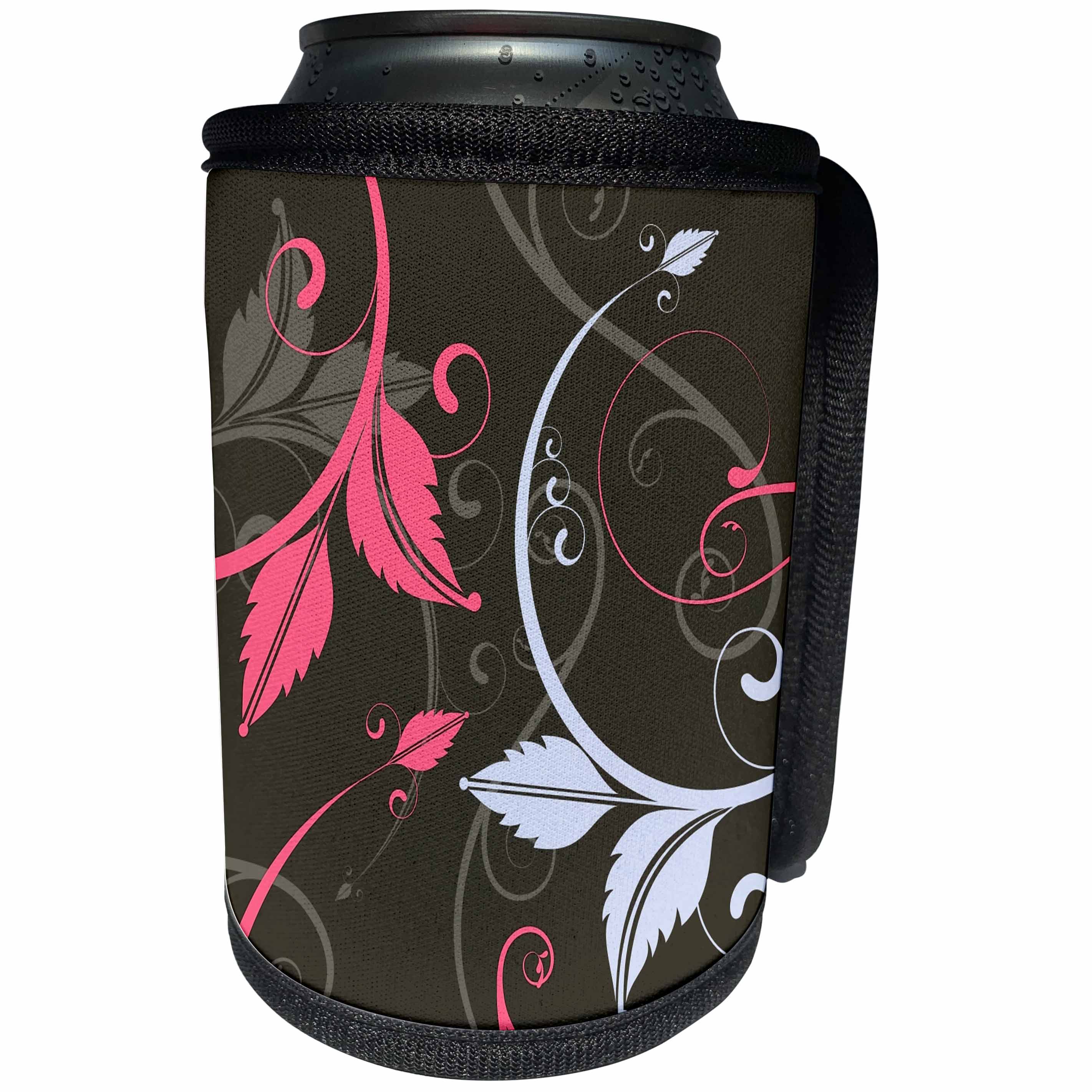 3dRose Russ Billington Designs - Elegant Leafy Scrolls in Pink and Warm Gray - Can Cooler Bottle Wrap (cc_241028)