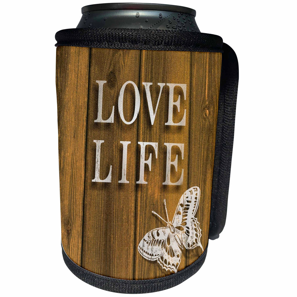 3dRose Russ Billington Designs - Love Life- Text Design with White Butterfly on Brown Wood Effect - Can Cooler Bottle Wrap (cc_241031)