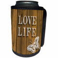 3dRose Russ Billington Designs - Love Life- Text Design with White Butterfly on Brown Wood Effect - Can Cooler Bottle Wrap (cc_241031)