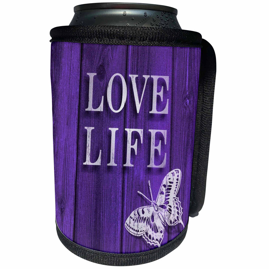 3dRose Russ Billington Designs - Typography- Love Life Text and Butterfly over Purple Stain Wood Effect - Can Cooler Bottle Wrap (cc_241033)