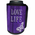 3dRose Russ Billington Designs - Typography- Love Life Text and Butterfly over Purple Stain Wood Effect - Can Cooler Bottle Wrap (cc_241033)