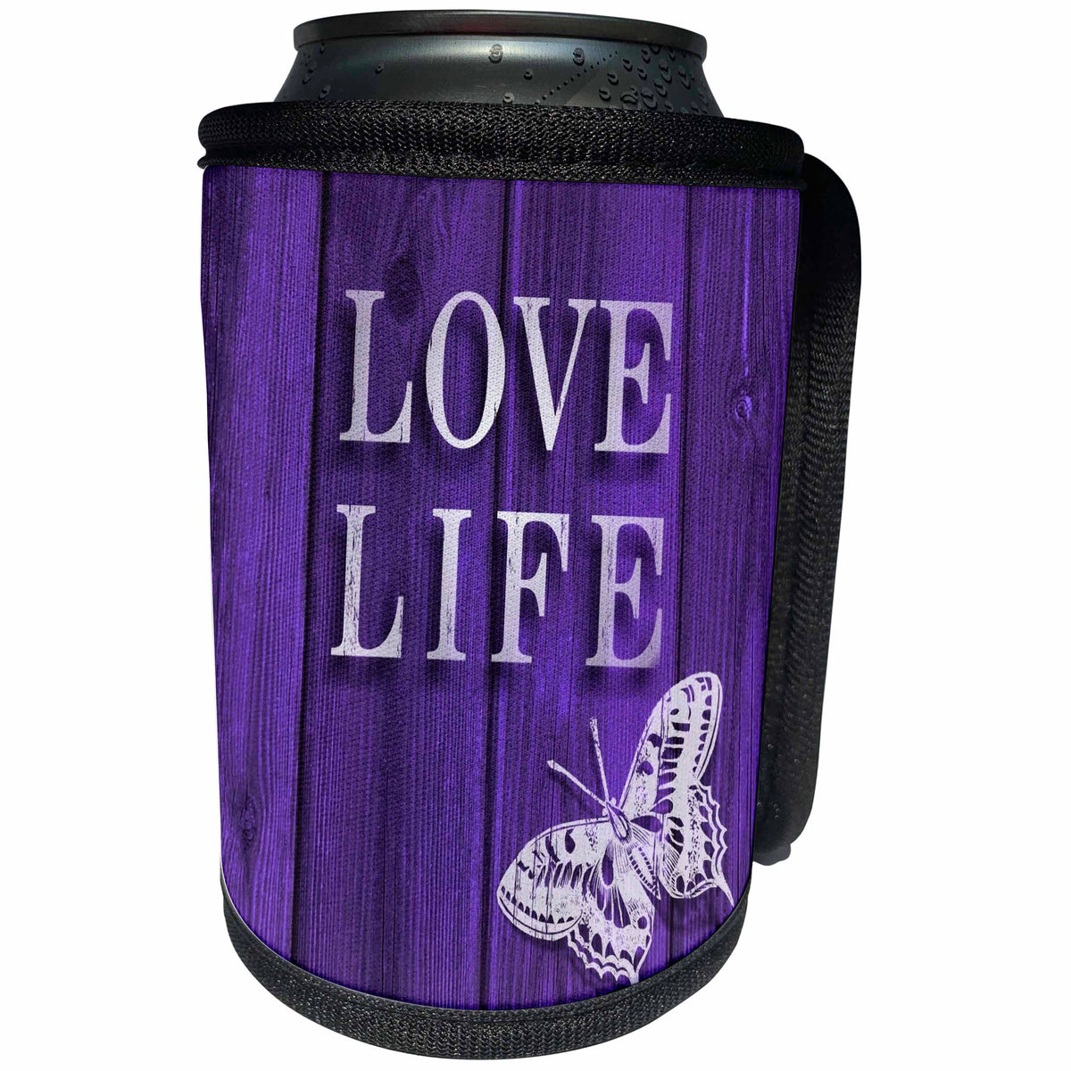 3dRose Russ Billington Designs - Typography- Love Life Text and Butterfly over Purple Stain Wood Effect - Can Cooler Bottle Wrap (cc_241033)