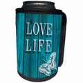 3dRose Russ Billington Designs - Teal Wood Effect Design with words Love Life and Butterfly - Can Cooler Bottle Wrap (cc_241034)